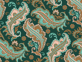Seamlessly repeating, teal, green, beige paisley pattern