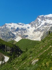 Monte Rosa with its glacier near the village of Macugnaga, Italy - July 2019.