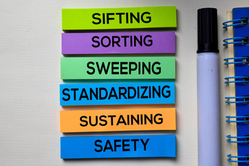 Sifting Sorting Sweeping Standardizing Sustaining Safety - 6S text on sticky notes isolated on office desk