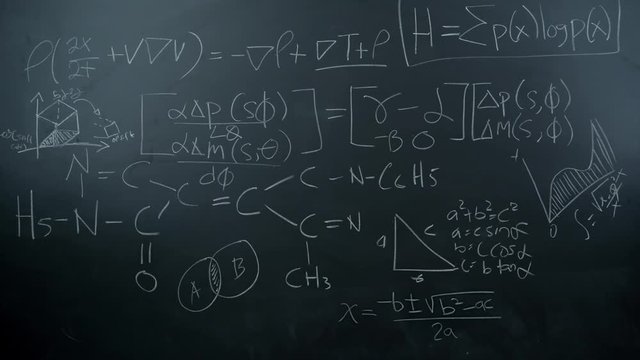 Stop motion of maths formulas written by white chalk on the blackboard background. Shot in 4k resolution