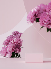 Background for cosmetic product branding, identity and packaging inspiration. Podium with pink peony and pink circular geometry background. 3d rendering illustration.