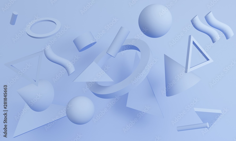 Poster abstract light blue background with sphere, ring and cones. 3d rendering