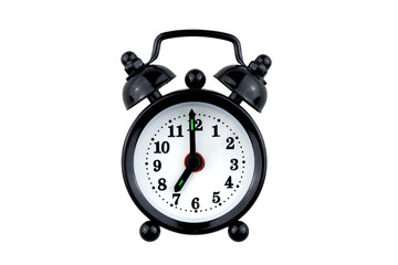 black vintage alarm clock at 7 am isolated on white background