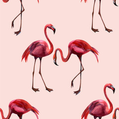 Tropical wildlife flamingo  seamless pattern. Hand Drawn jungle nature, flowers illustration. Print for textile, cloth, wallpaper, scrapbooking
