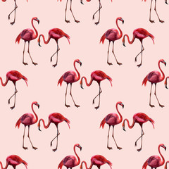 Tropical wildlife flamingo  seamless pattern. Hand Drawn jungle nature, flowers illustration. Print for textile, cloth, wallpaper, scrapbooking