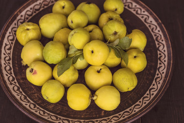 ripe yellow quince fruit on a ceramic plate close-up. background with quince fruits. harvest the fruits of Japanese quince.