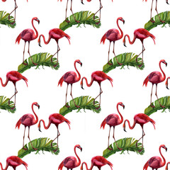 Tropical wildlife flamingo  seamless pattern. Hand Drawn jungle nature, flowers illustration. Print for textile, cloth, wallpaper, scrapbooking