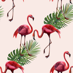 Tropical wildlife flamingo  seamless pattern. Hand Drawn jungle nature, flowers illustration. Print for textile, cloth, wallpaper, scrapbooking
