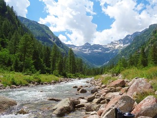 The view of the Alps of the Quarazza valley, near the town of Macugnaga, Italy - July 2019.