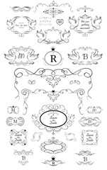 Collection of frames with doves, vignette, scroll and headers for wedding and heraldic design, menu card, restaurant, cafe, hotel, jewellery store, logo templates, monogram