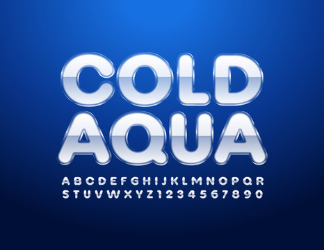 Vector Glossy Emblem Cold Aqua With Uppercase Font. Iced Alphabet Letters And Numbers