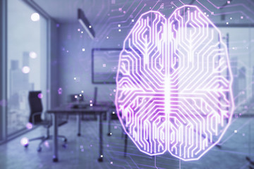 Brain sign hologram with minimalistic cabinet background. Double exposure. Ai concept.