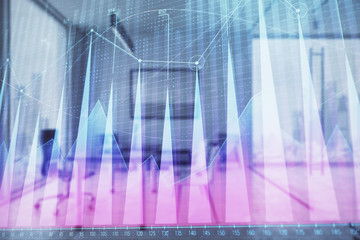 Business theme graph hologram with minimalistic cabinet interior background. Double exposure. Stock market concept.