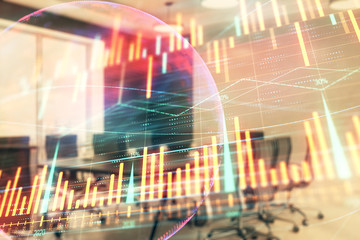 Double exposure of stock market graph with globe hologram on conference room background. Concept of international finance