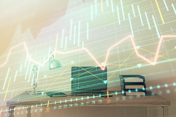 Stock market chart and desktop office computer background. Multi exposure. Concept of financial analysis.