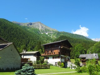 The architecture of the small town of Macugnaga and its hamlets, in the Italian Alps - July 2019.
