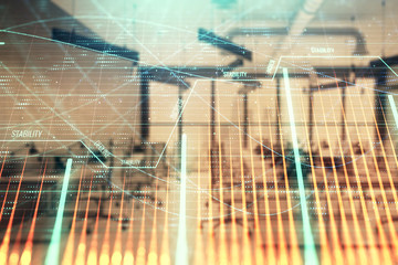 Stock and bond market graph with trading desk bank office interior on background. Multi exposure. Concept of financial analysis