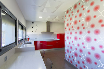 modern kitchen in red, with exterior view. Interior design of house.