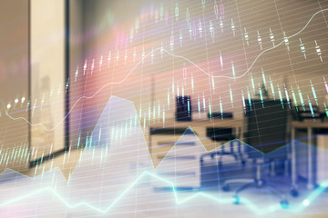 Stock market chart with trading desk bank office interior on background. Double exposure. Concept of financial analysis