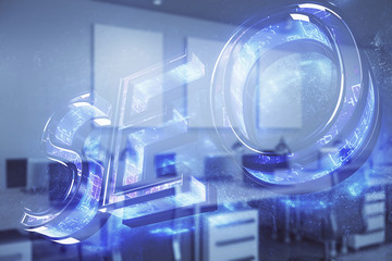 SEO icon hud with office interior on background. Double exposure. Concept of data search