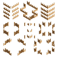 Isometric wooden fence illustration set. Vector.