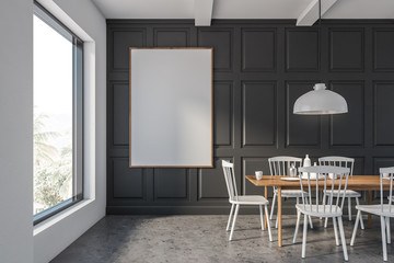 Gray and white dining room with poster