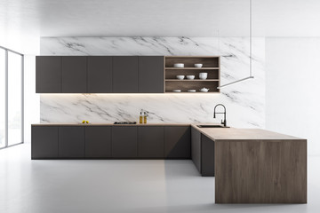White marble kitchen, gray counters and island - obrazy, fototapety, plakaty