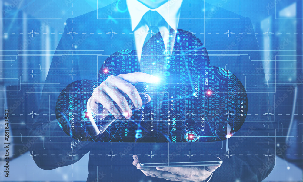 Poster man with tablet working with cloud interface