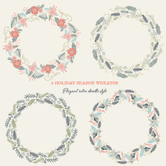 Retro Christmas wreaths vector illustration set.
