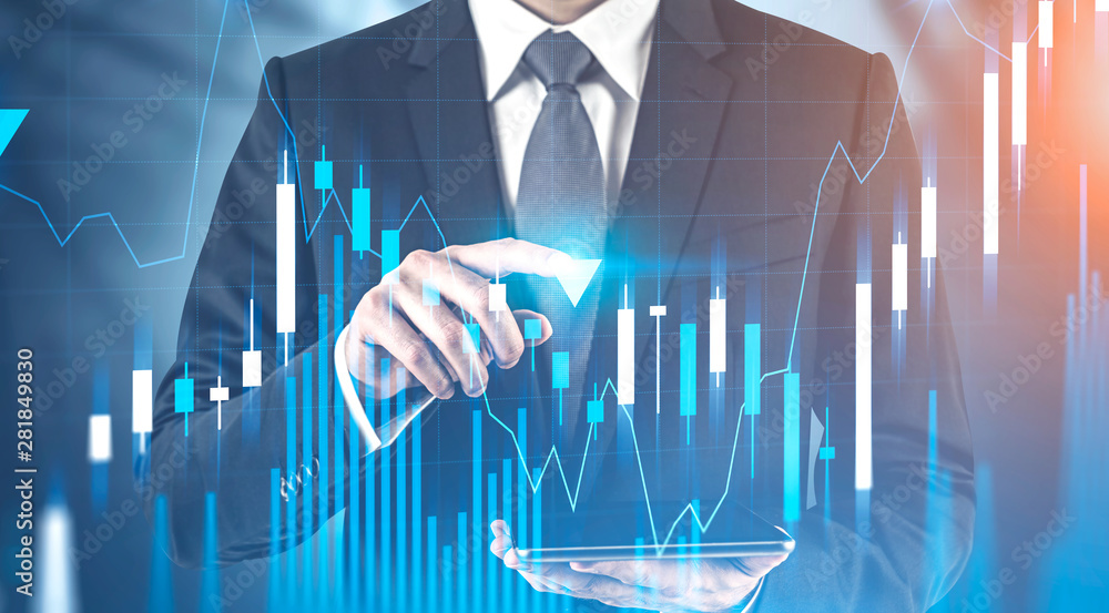 Poster man with tablet working with digital graph