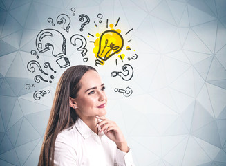 Smiling thinking woman, questions and idea