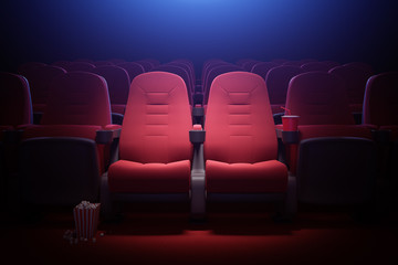 Interior of empty movie theater with red seats - obrazy, fototapety, plakaty