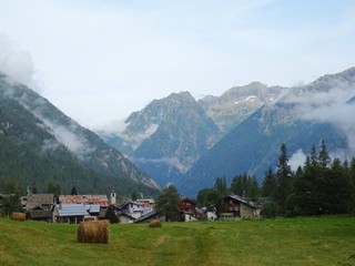 The architecture of the small town of Macugnaga and its hamlets, in the Italian Alps - July 2019.