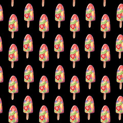 Seamless pattern with ice cream popsicle stick isolated on black background.
