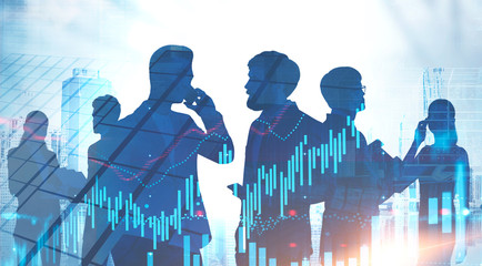 Diverse business team in city, forex graphs