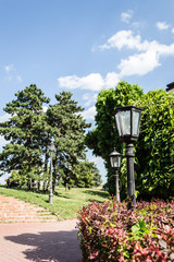 Petrovaradin, Serbia - July 17. 2019: Petrovaradin fortress; Lighting on the promenade fortress