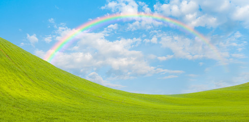 Obraz na płótnie Canvas Beautiful landscape with green grass field and sun rays in the background amazing rainbow