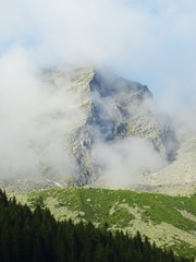 The Alps with its woods and glaciers near Monte Rosa and the town of Macugnaga, Italy - July 2019.