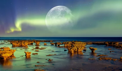 Zelfklevend Fotobehang Northern lights (Aurora borealis) in the sky with super full moon - Tromso, Norway "Elements of this image furnished by NASA © muratart