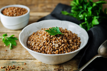 Buckwheat porridge with fresh parsley leaves