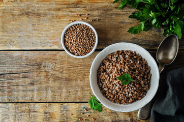 Buckwheat porridge with fresh parsley leaves