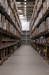 Metal shelving in a supermarket with goods