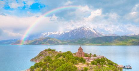 Akdamar Island in Van Lake. The Armenian Cathedral Church of the Holy Cross - Akdamar, Turkey