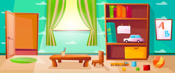 Kindergarten playroom with games, toys, abc and open door.  Elementary school class with window and table for children or kids. Wallpaper with cloud illustration.