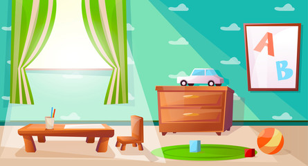 Children playroom with games, toys, abc and nightstand.  Elementary school class with table for studying kids. Wallpaper with cloud illustration.