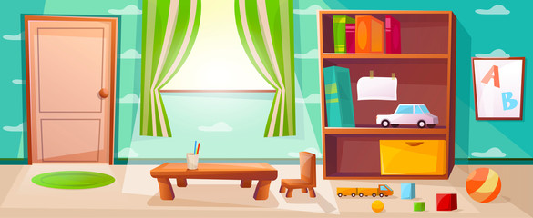 Children playroom with games, toys, abc ,door, window and big wardrobe.  Elementary school class with table for studying to kids. Wallpaper with cloud illustration.