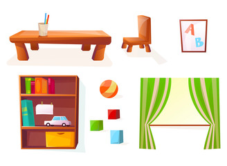 Furniture for the interior of the children or kids room. Isolated Desk, chair , wardrobe with games, car and books , a ball, blocks , board for teaching, abc and window. Vector illustration