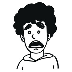 a frightened boy who opens his eyes in fear and has his mouth open. outline illustration.