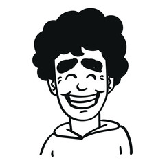a laughing boy with a black curly head. outline, doodle, comic, monochrome.