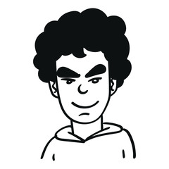 boy with black curly hair, who looks angry and laughs. outline, doodle, comic, vector.